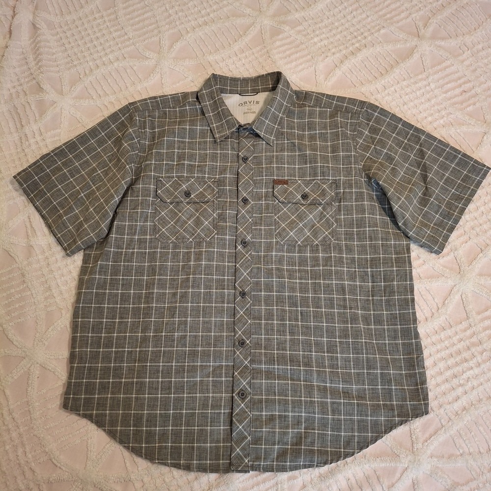 Orvis Mens XXL Short Sleeve Button Down Shirt Grey White Grid Plaid